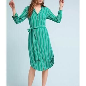 Anthropologie Maeve Dress Size 2 Martina Belted Shirt Dress Green Striped Midi